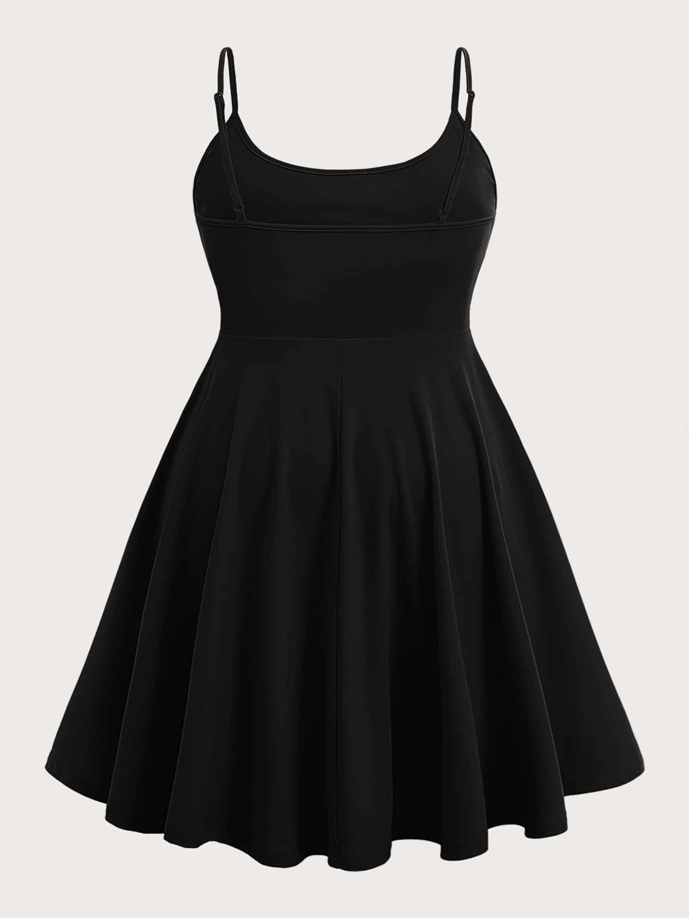 WDIRARA Women's Plus Size Spaghetti Strap Sleeveless Flared Hem A Line Cami Dress Black 4XL