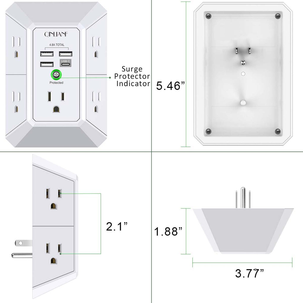 Wall Charger, Surge Protector, QINLIANF 5 Outlet Extender with 4 USB Charging Ports (4.8A Total) 3-Sided 1680J Power Strip Multi Plug Adapter Spaced for Home Travel Office (3U1C)