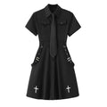 Gothic Black Summer Academy Tie Cross Black Retro Dress Harajuku Dress Emo Clothes (L,Large)