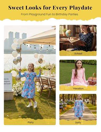 PATPAT Toddler Girl Outfit Set – Flutter Sleeve Long Sleeve Dresses in Sweet Blue Flower Patterns, Blue Flower, 5-6 Years