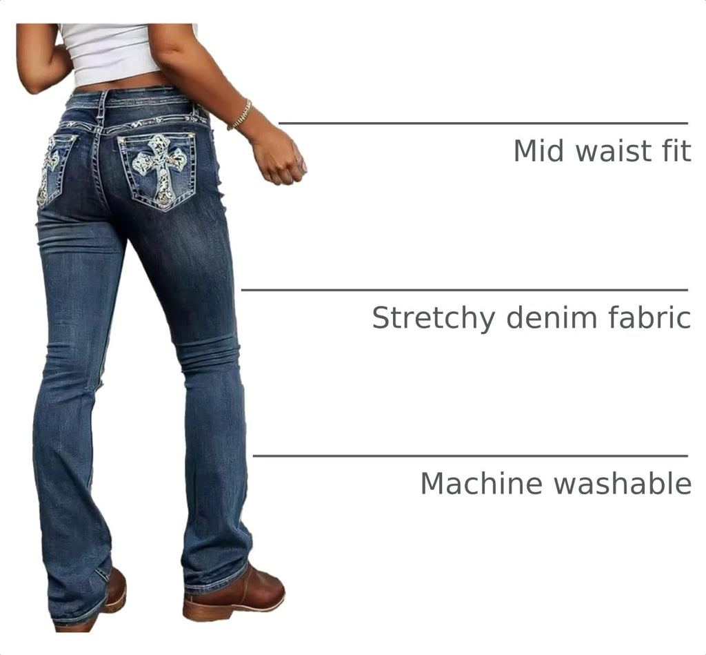 Flamingals Embroidered Bootcut Jeans for Women Mid Rise Stretchy Criss Cross Graphic Curvy Bell Bottom Jeans Navy Blue M