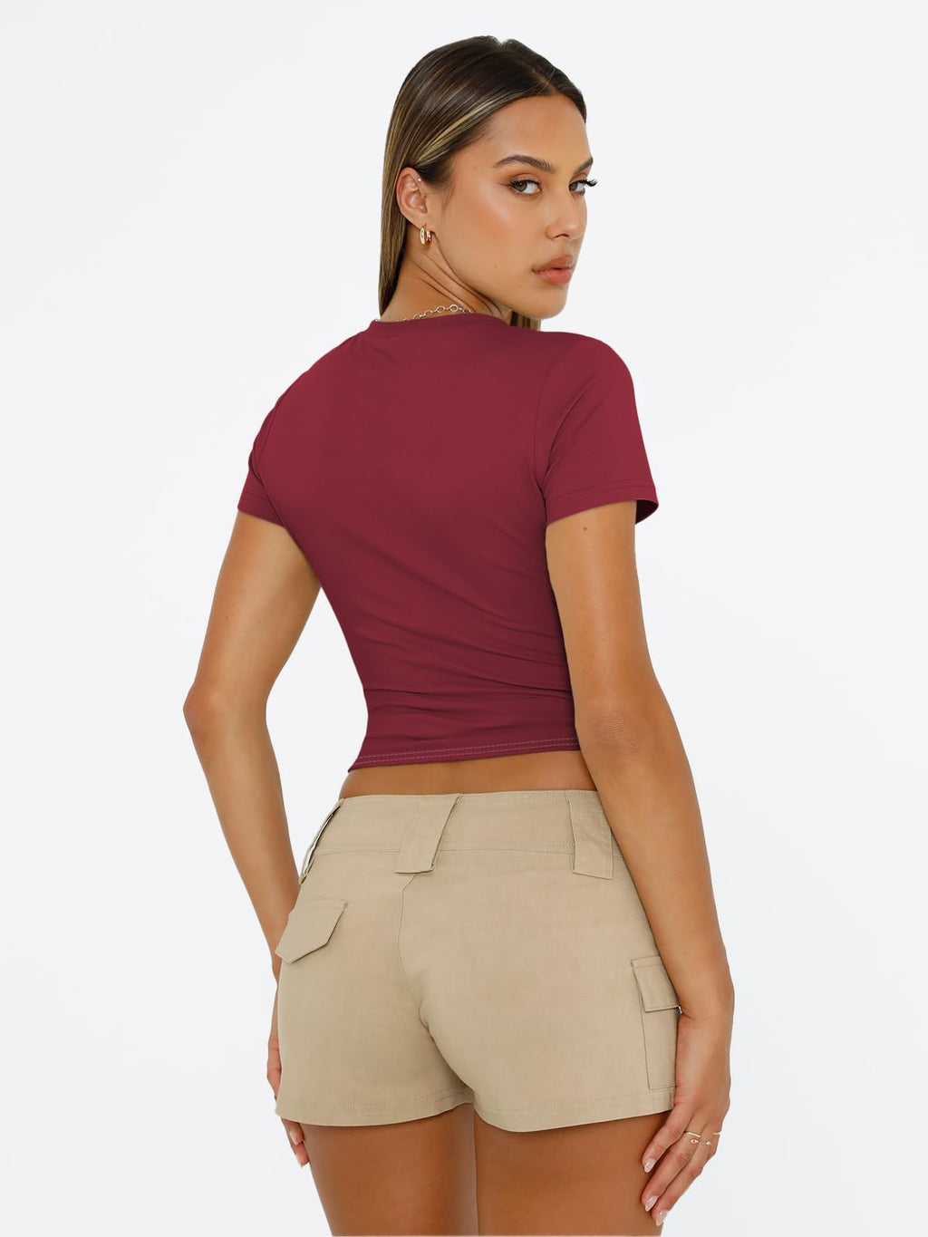 Trendy Queen Womens Short Sleeve T Shirts - Buttery Soft Summer Crop Tops Slim Fit Y2k Basic Tees for Workout Burgundy M