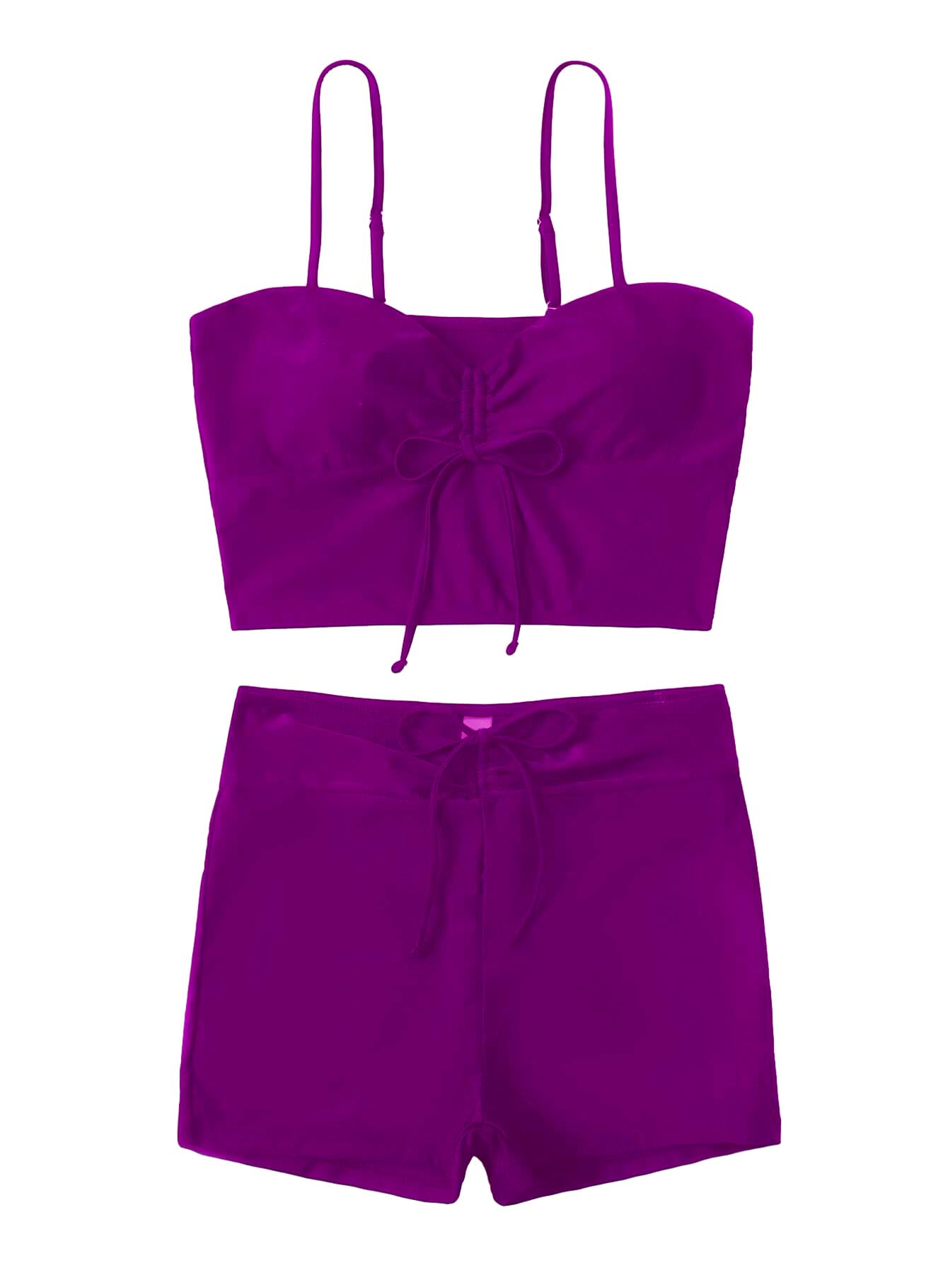Lilosy High Waisted Tummy Control Drawstring Bikini Set String Swimsuit Cami Top and Tie Side Shorts 2 Piece Women Bathing Suit Purple Small