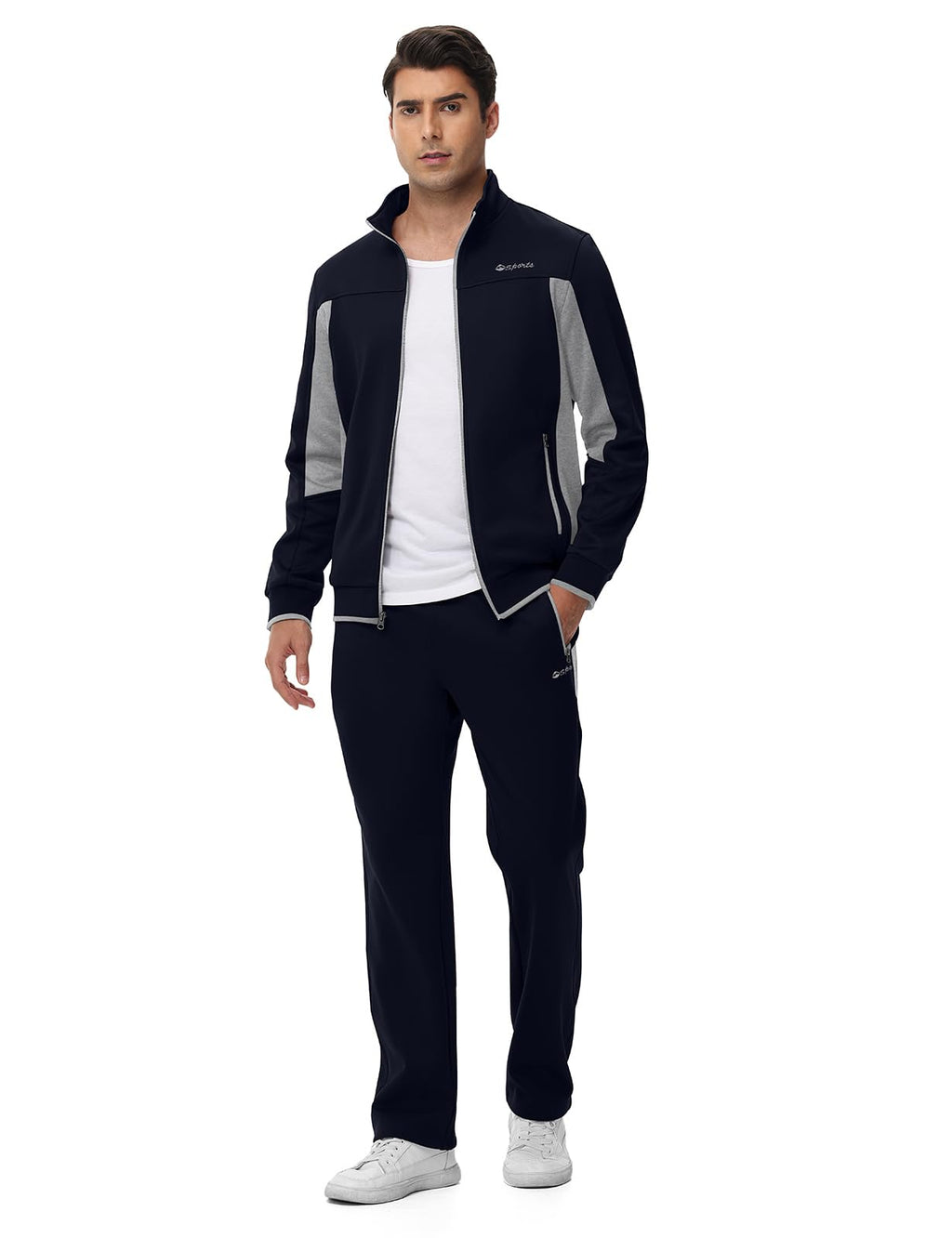 TBMPOY Men's Fleece Lined Tracksuits Sweatsuits 2 Piece Sets Winter Jogging Track Sweat Suits Thermal Casual Outfits Dark Blue/Light Grey L