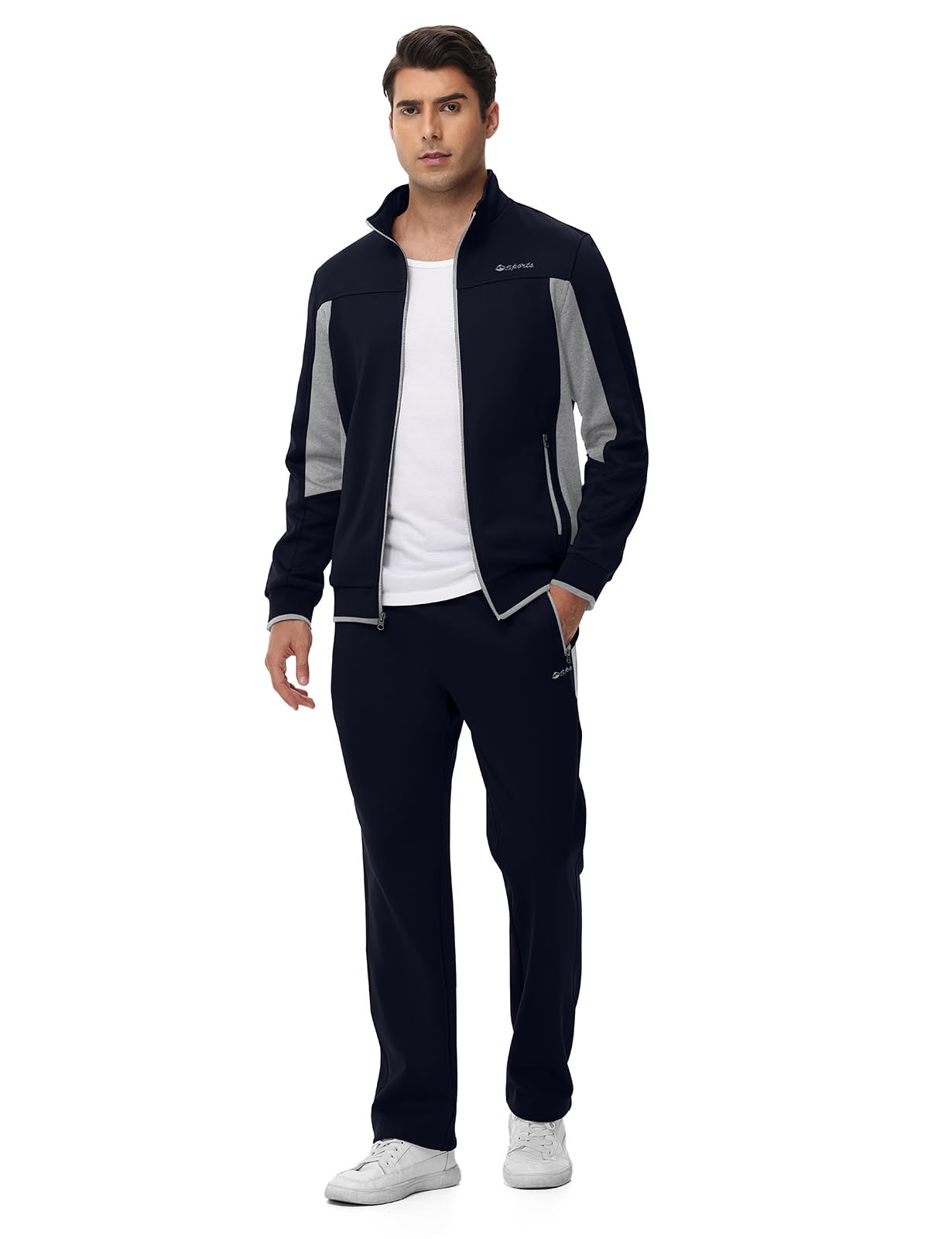 TBMPOY Men's Fleece Lined Tracksuits Sweatsuits 2 Piece Sets Winter Jogging Track Sweat Suits Thermal Casual Outfits Dark Blue/Light Grey L