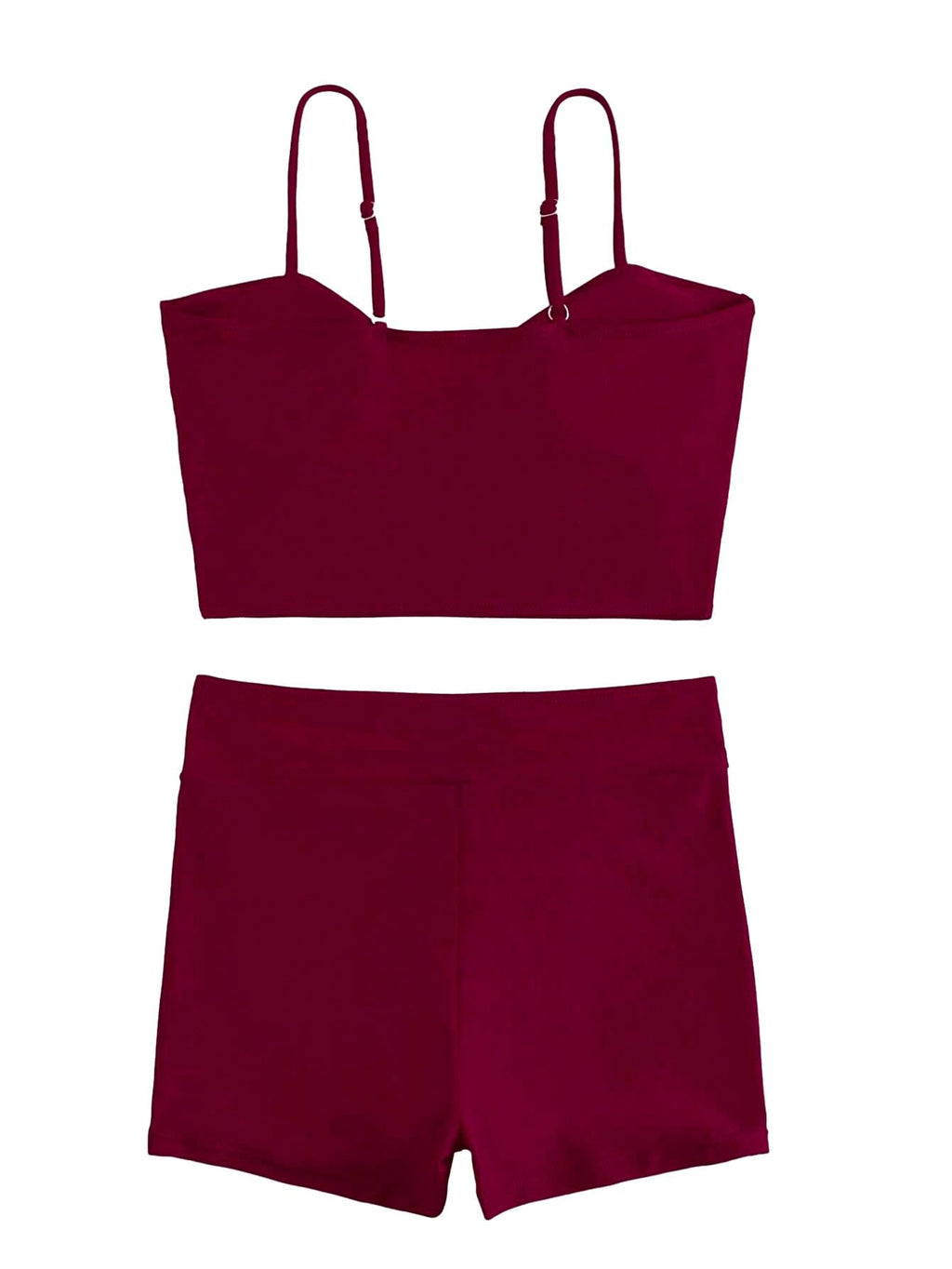 Lilosy Petite High Waisted Tummy Control Drawstring Bikini Set String Swimsuit Cami Top and Tie Side Shorts 2 Piece Women Bathing Suit Burgundy Red X-Small