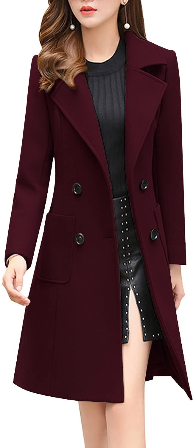 chouyatou Women Elegant Notched Collar Double Breasted Wool Blend Over Coat (Medium, Wine Red)