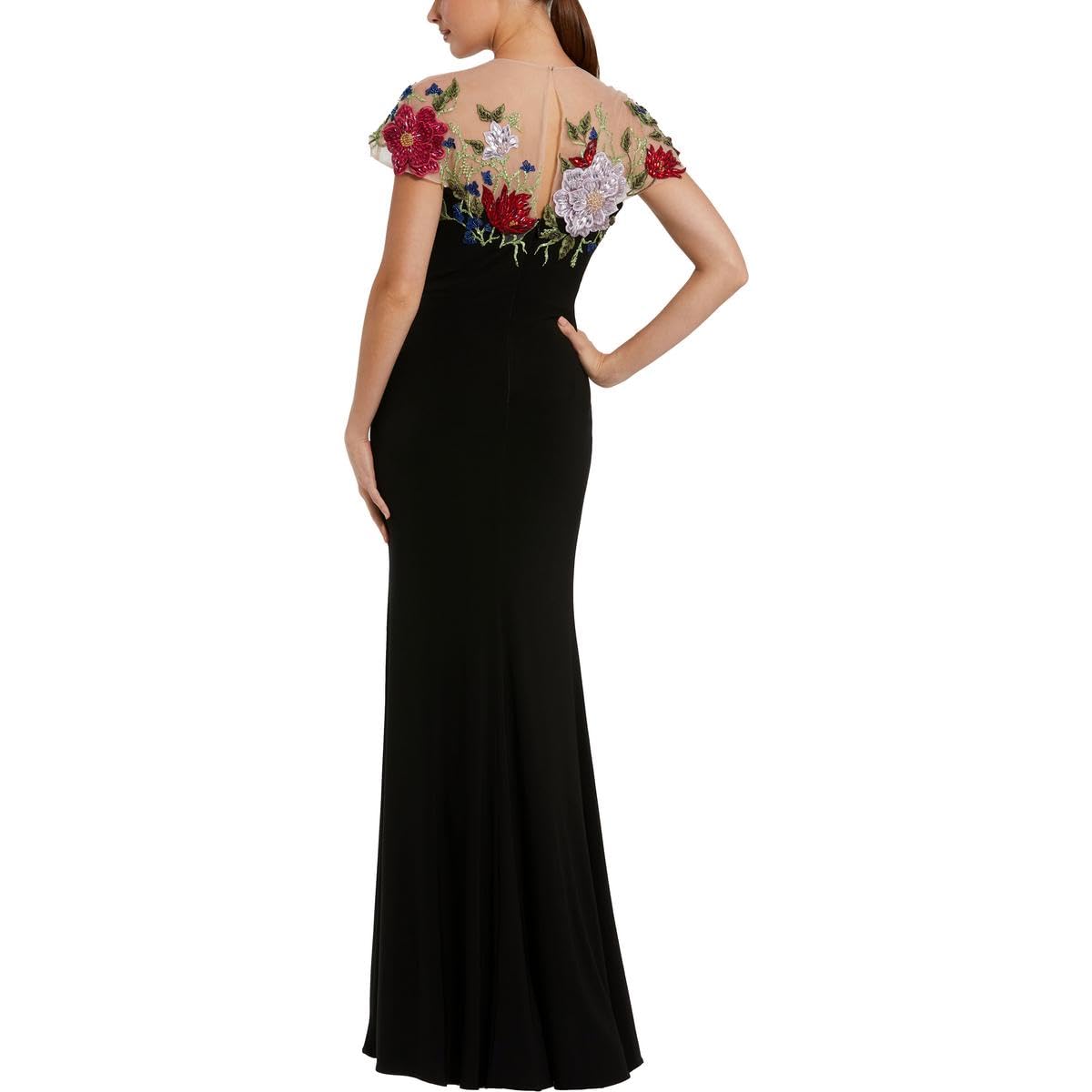 Floral Embellished Jersey Fitted Gown Black Multi