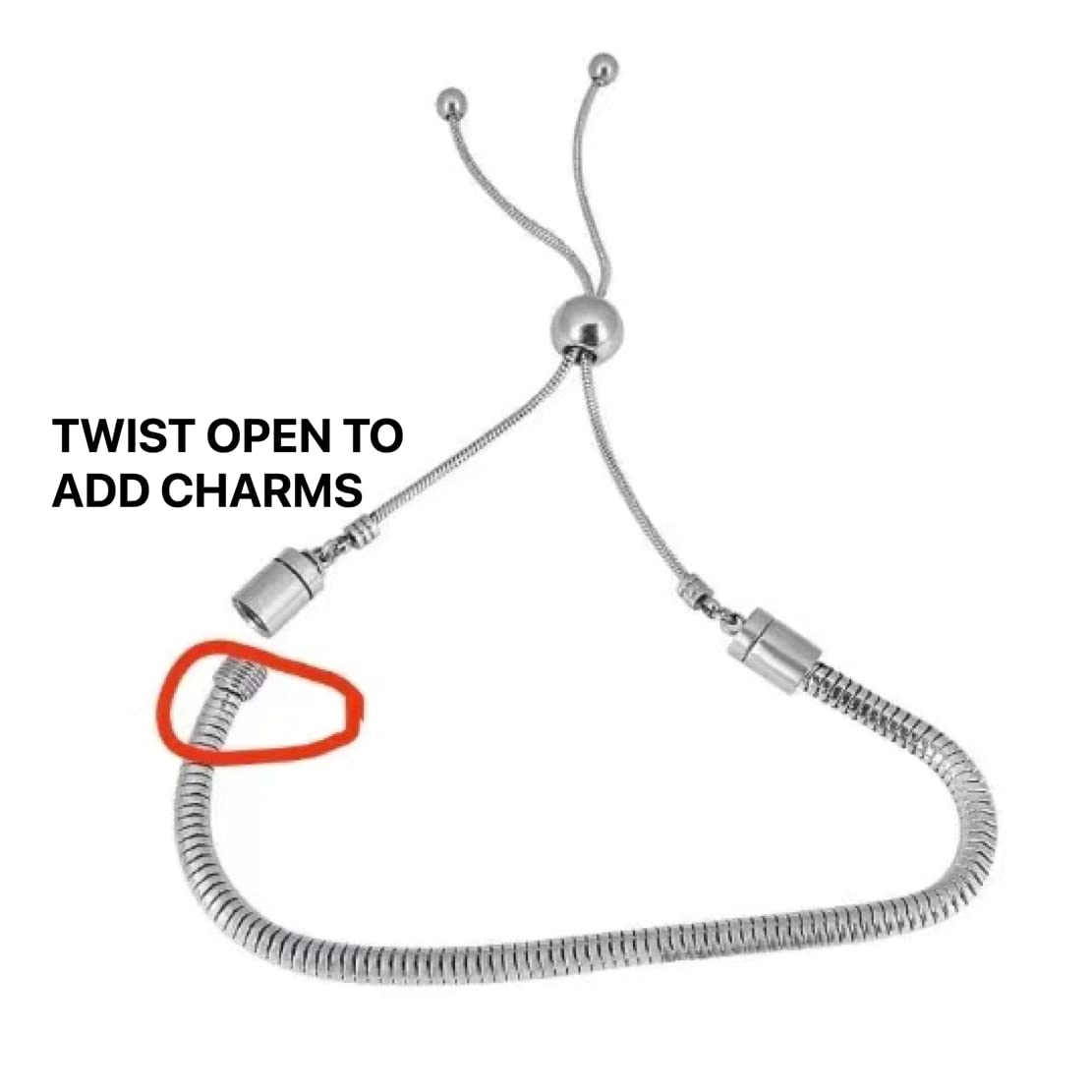 European Snake Chain Charm Bracelet - Adjustable Sliding Clasp Stainless Steel 3mm Premium Snake Chain, Compatible with Pandora Charms Beads & Pendants - Sliding Bracelet For Women & Men