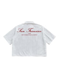 GORGLITTER Men's Letter Graphic Boxy Cropped Shirt Button Down Short Sleeve Loose Fit Streetwear Tops Y2K White Medium
