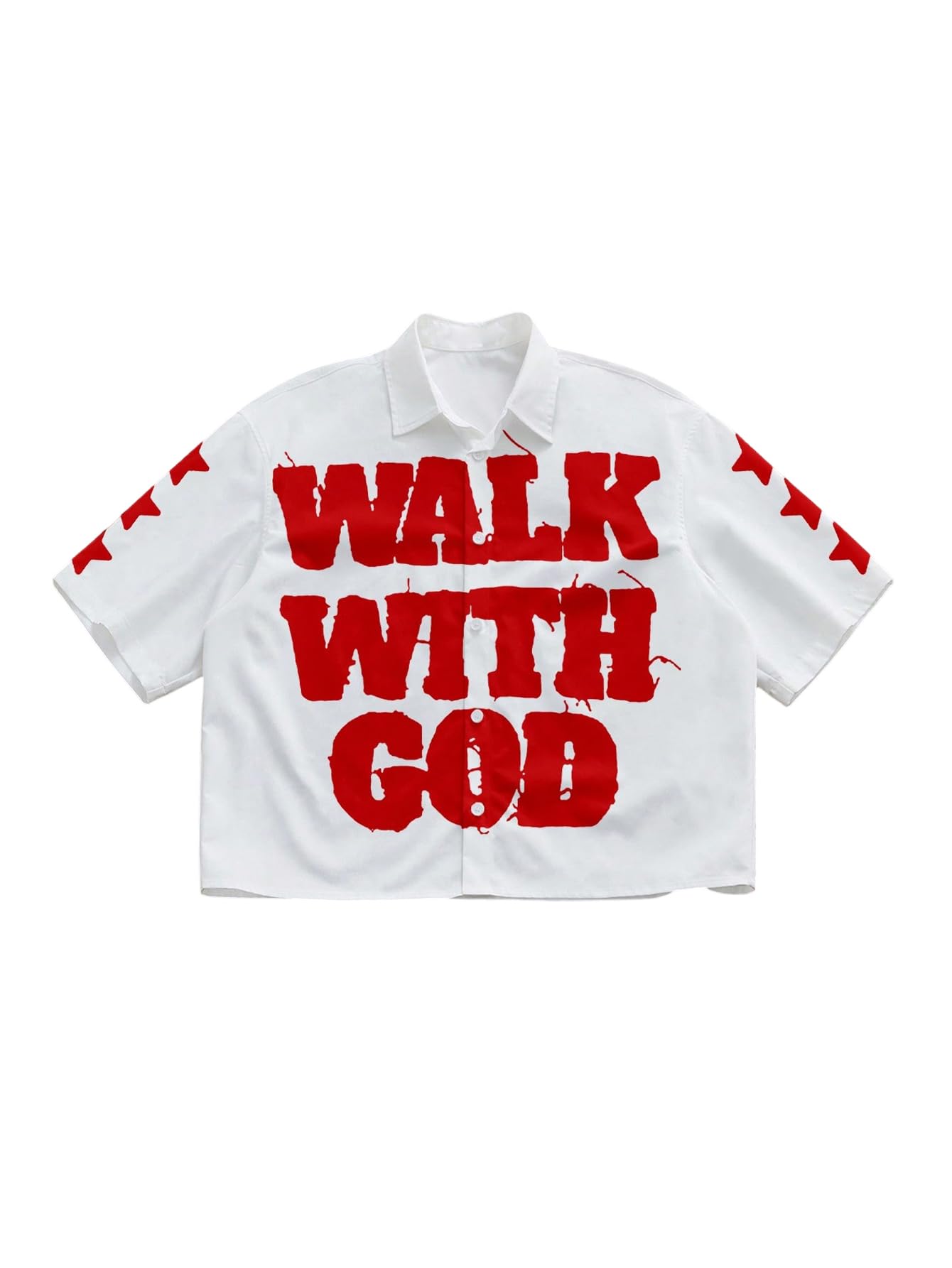 GORGLITTER Men's Cropped Shirt Button Up Collared Y2k Graphic Short Sleeve Oversized Rave Boxy Going Out Streetwear White Large