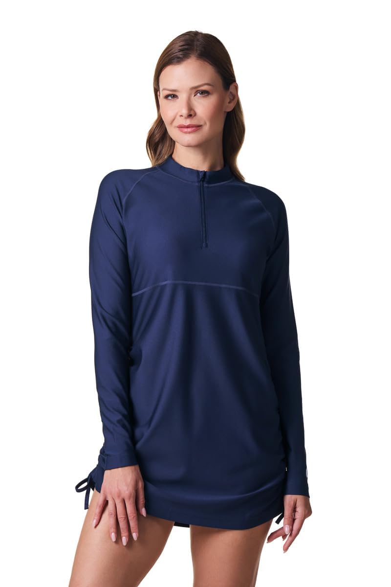 Coolibar UPF 50+ Women's Ruche Swim Shirt - Sun Protective,Navy,Medium