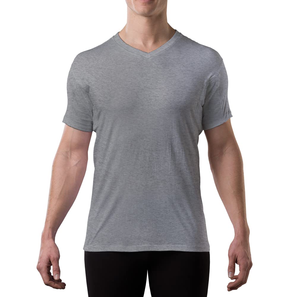 Men's Sweatproof Undershirt - Cotton V Neck T-Shirt with Underarm Sweat Pads - Original Fit - Aluminum-Free Alternative - Heather Grey - Medium