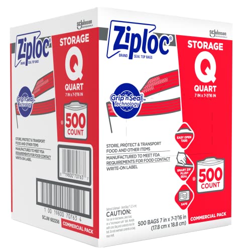 SC Johnson Professional, Ziploc Storage Bags, For Food Organization and Storage, Double Zipper Seal, Easy-Open Tabs Quart, 500 Count