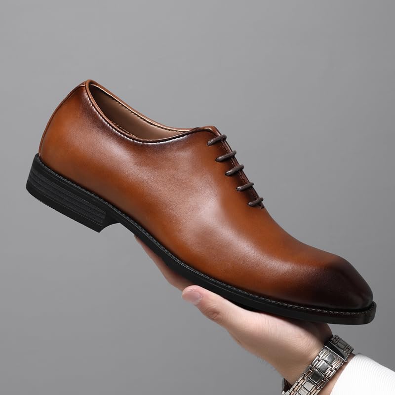 Ahico Men's Lace-Up Leather Shoes Classic Dress Shoes Oxford Shoes Formal Business Breathable and Comfortable, Casual and Work, Brown