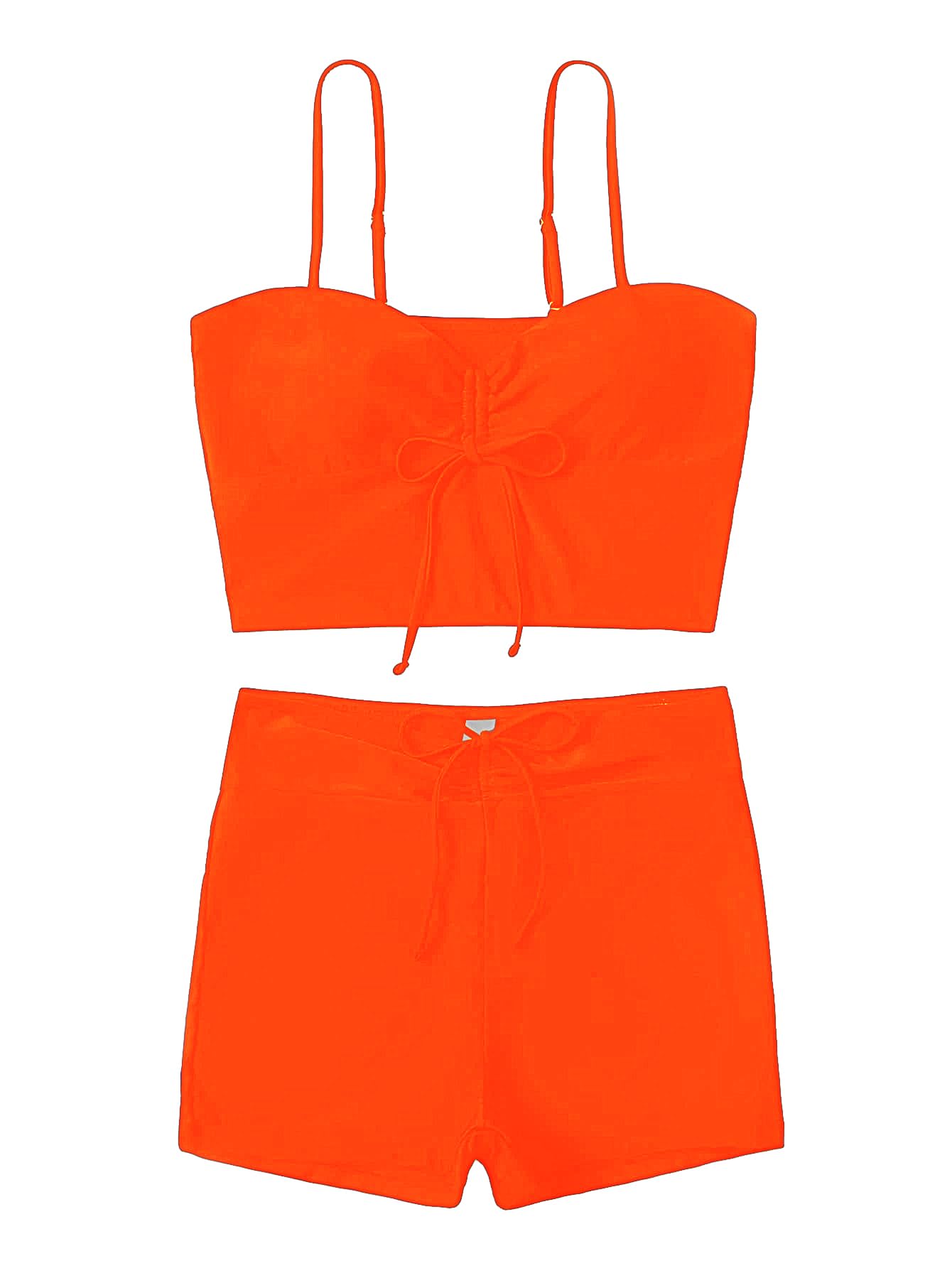 Lilosy High Waisted Tummy Control Drawstring Bikini Set String Swimsuit Cami Top and Tie Side Shorts 2 Piece Women Bathing Suit Orange Small