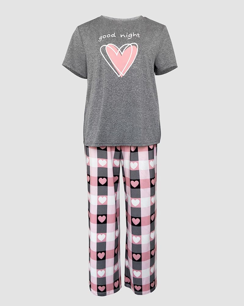 CHICME Womens Pajamas Sets 2 Piece Short Sleeve Lounge Set Printed Loose Pants Pj Sets Loungewear Set Heart Gray-L