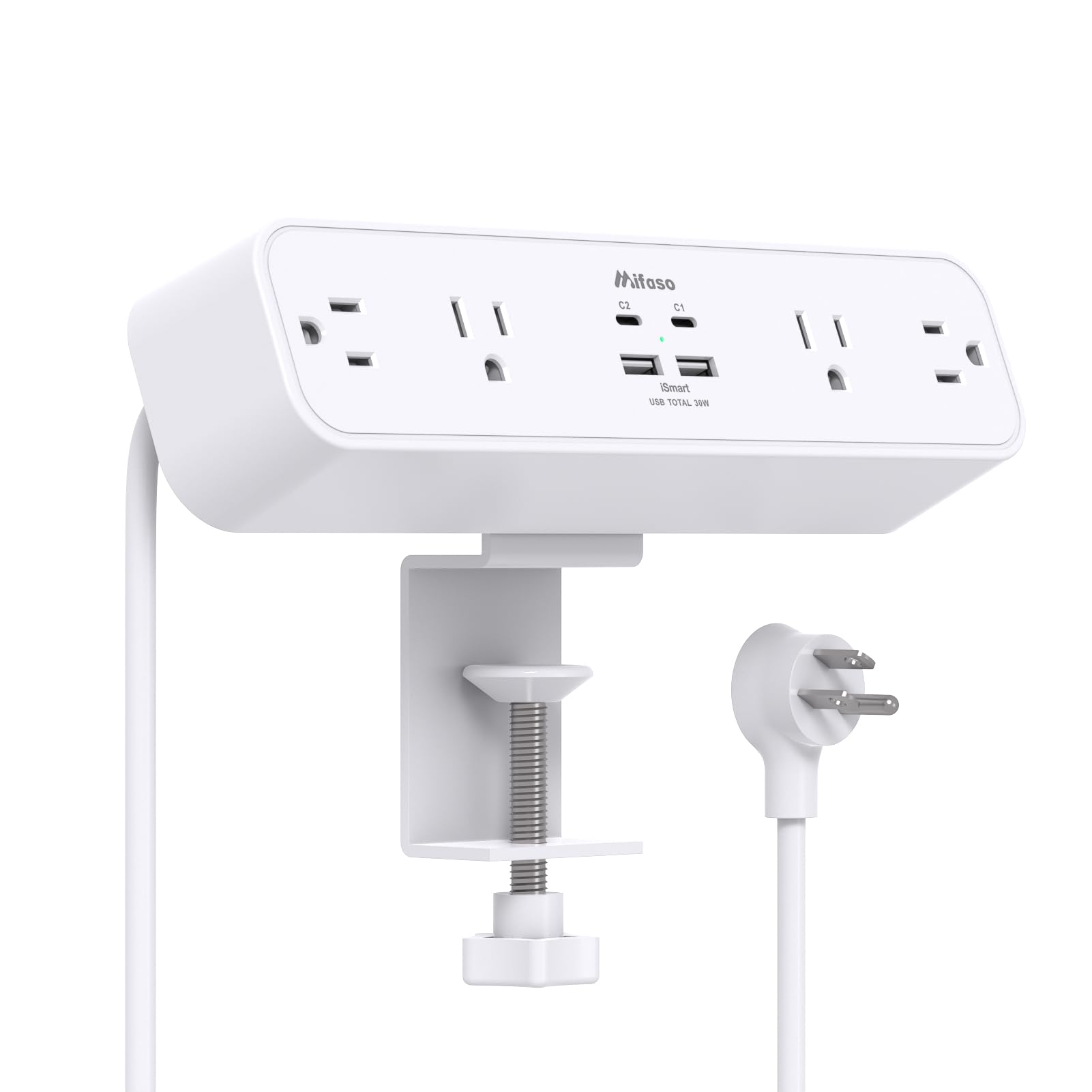 PD30W Desk Clamp Power Strip, Desktop Mount Surge Protector, Fast Charging Station, 5Ft Extension Cord Desk Edge Mount Shelf with 4 Outlets 4 USB Ports (2 USB C), Home Office Accessories Essentials