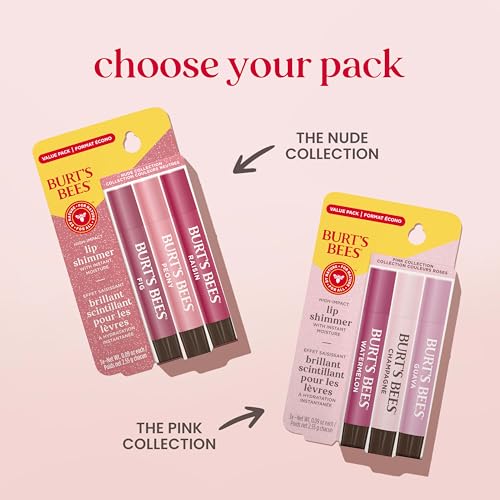 Burt's Bees Lip Shimmer Pink Collection for Valentine's Day Gifts, Tinted Lip Balm Stick, Moisturizing for All Day Hydration with Natural Glowy Pigmented Finish & Buildable Color, Value Pack, 3 Tubes