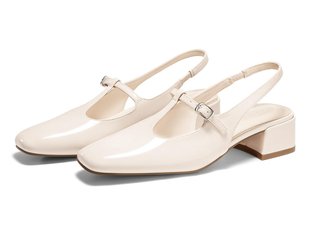 Coutgo Womens Mary Jane Slingback Low Heels T Strap Chunky Heel Closed Toe Pumps Wedding Party Dress Shoes, Beige, Size 6