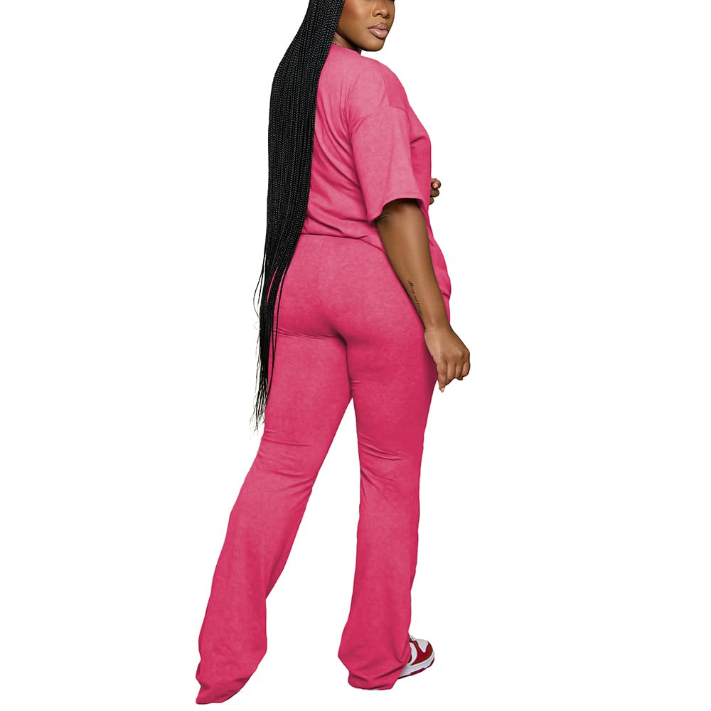 PINSV Womens Sets 2 Piece Outfits Casual Short Sleeve Top and Flare Pants Lounge Sets Tracksuit Rose Red M