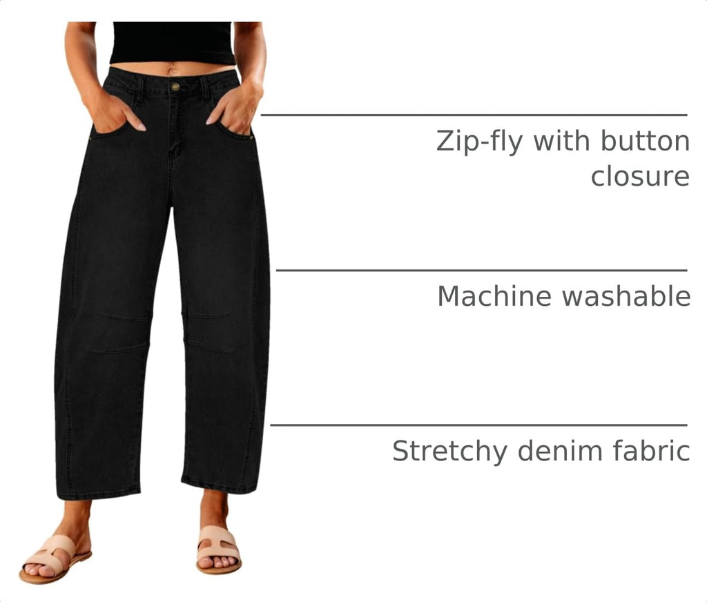 GRAPENT Barrel Jeans for Women Balloon Wide Leg Cropped Trendy Jeans Boyfriend High Waisted Jean Pants Casual Stretchy Summer Denim Trousers Color True Black X-Large Plus Size 16 to 18