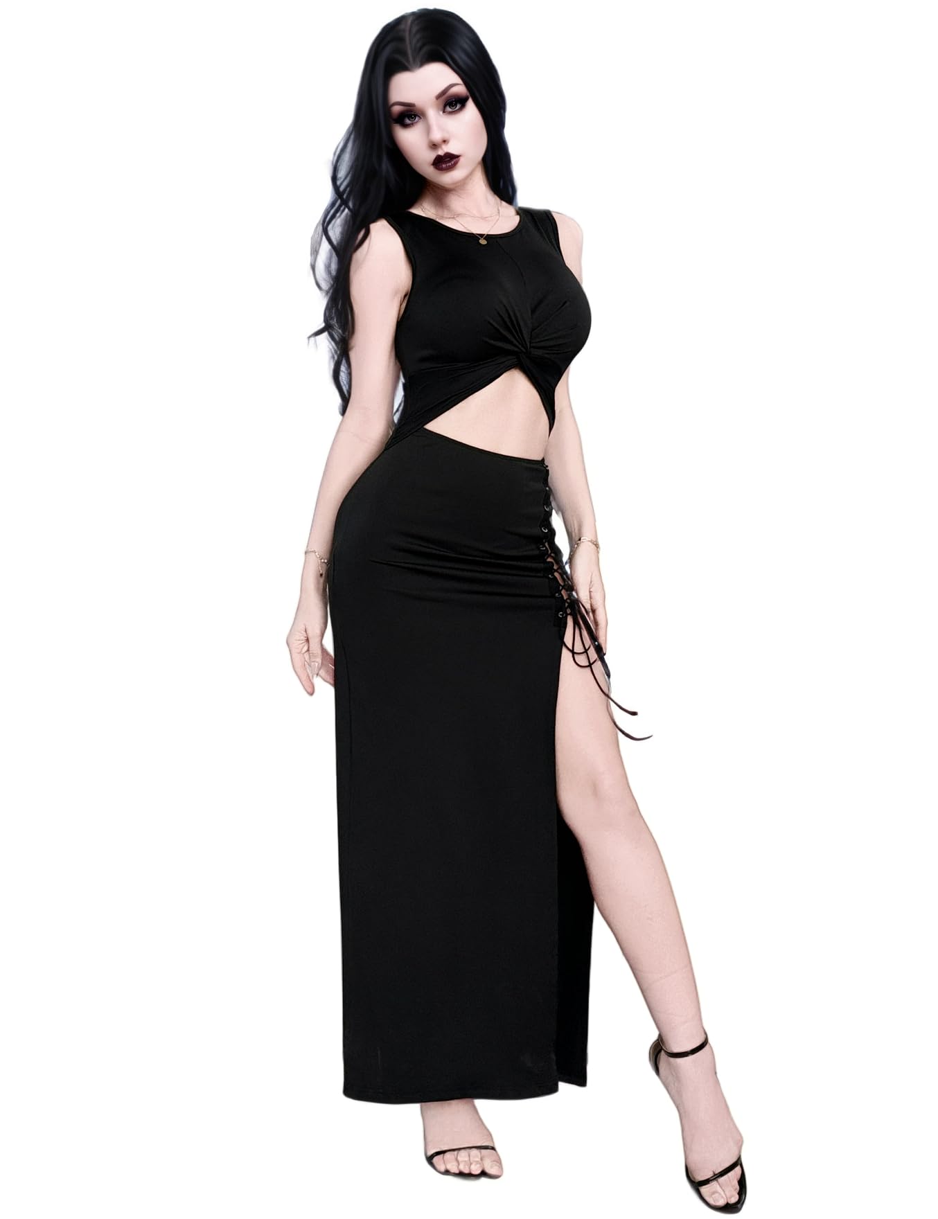 InGoticos Women Sexy Gothic Dress,Punk Hollowed-Out Metal Slit Rope Goth Dress Black