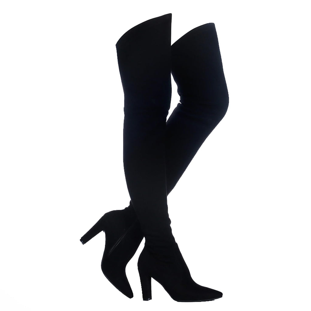 Shoe'N Tale Women Stretch Suede Chunky Heel Over The Knee Boots Thigh High for Women (7.5,Suede Black)