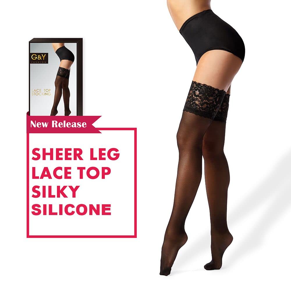 G&Y Thigh High Stockings with Silicone - 15D Sheer Lace Top Nylon Stay Up Pantyhose for Women