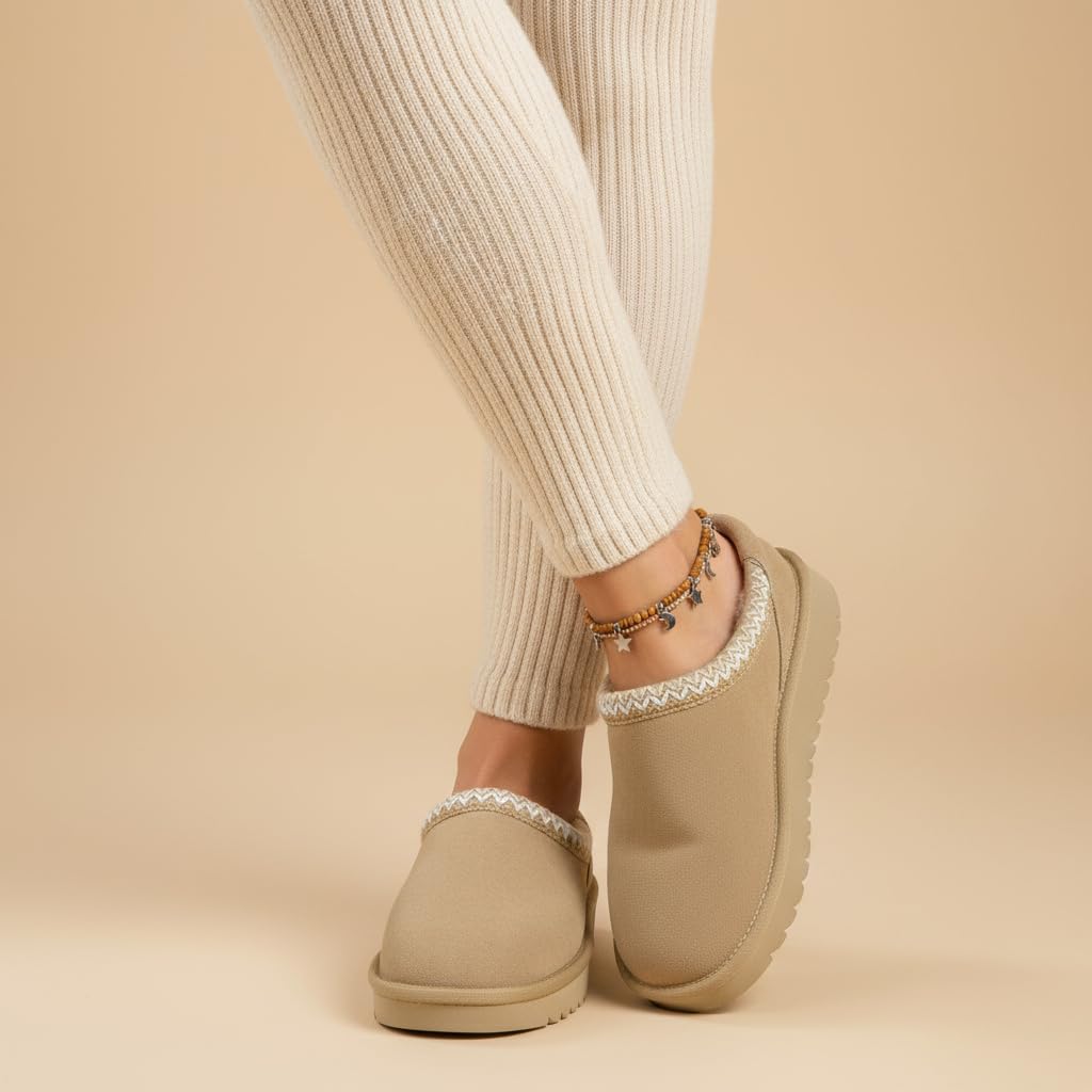 CUSHIONAIRE Keto Womens Slippers- Genuine Suede Cozy & Stylish, Memory Foam & Faux Shearling Winter Slippers for Women BISCUIT 7.5