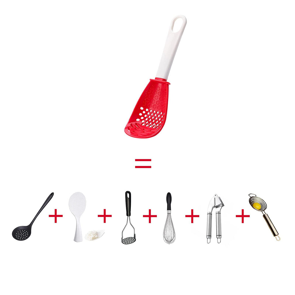 Ouboda 6 in 1 Multifunctional cooking gadgets, 356°F Heat Resistant kitchen gadgets, Egg Separator, Cooking, Draining, Mashing, Grating, Cooking spoon red