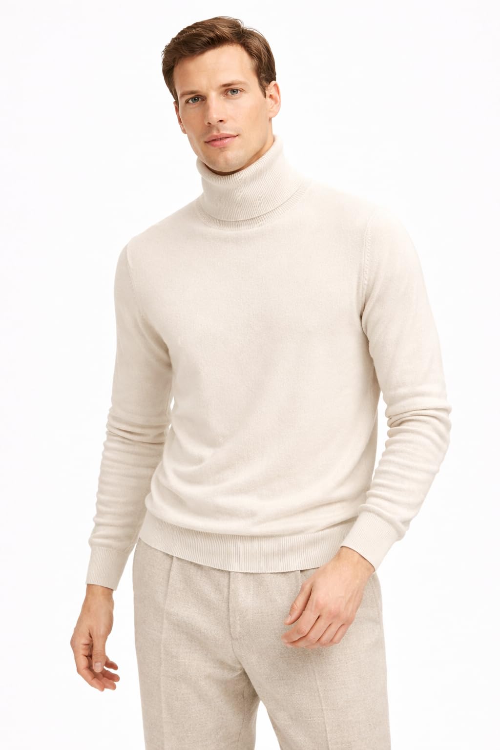 State Cashmere Men's Essential Turtleneck Sweater 100% Pure Cashmere Classic Long Sleeve Pullover (Undyed White, Large)