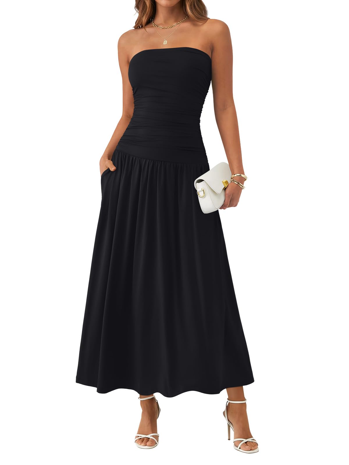 Trendy Queen Women Maxi Strapless Summer Tube Top Dress 2026 Ruched A Line Wedding Guest Long Sundress Spring Beach Outfit Black XL
