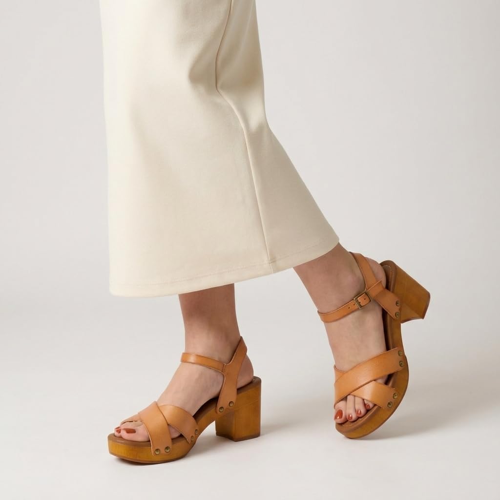 CUSHIONAIRE Slate Faux Wooden Heel Sandal, Comfortable Platform Sandals with Chunky Heels for Women Wide Widths Available,HONEY 6
