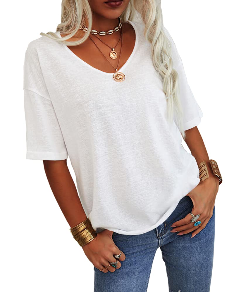 Danedvi Women Fashion V-Neck Half Sleeves Oversized T Shirt Solid Casual Loose Basic Tops White