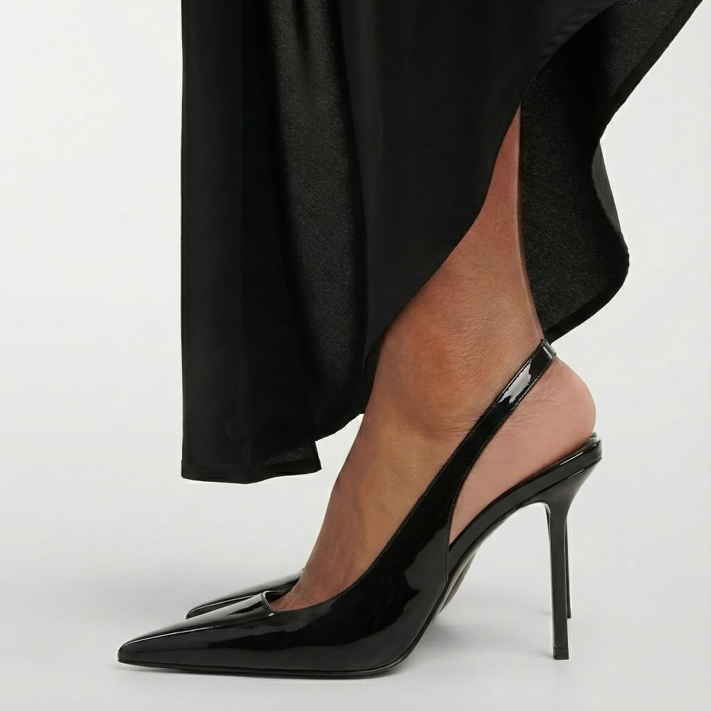Women's Slingback Stiletto High Heels Pointed Toe Slip On Pumps Shoes Patent Leather Stretch Strap Backless Dress Heels Black