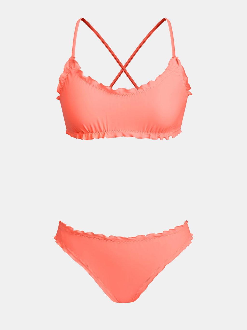CUPSHE Women's Bikini Sets Two Piece Swimsuit Low Rise Bathing Suits Ruffled Scoop Neck Crossback Tie Cheeky, M Coral Pink