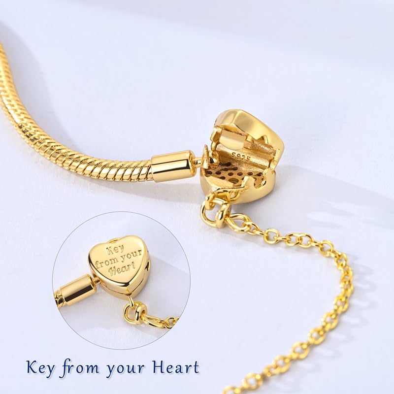 BEVALY 19cm Gold Heart Key and Padlock Charm Bracelet 925 Sterling Silver Bead Bracelet with 5A Cubic Zirconia for Women Gift for Friend