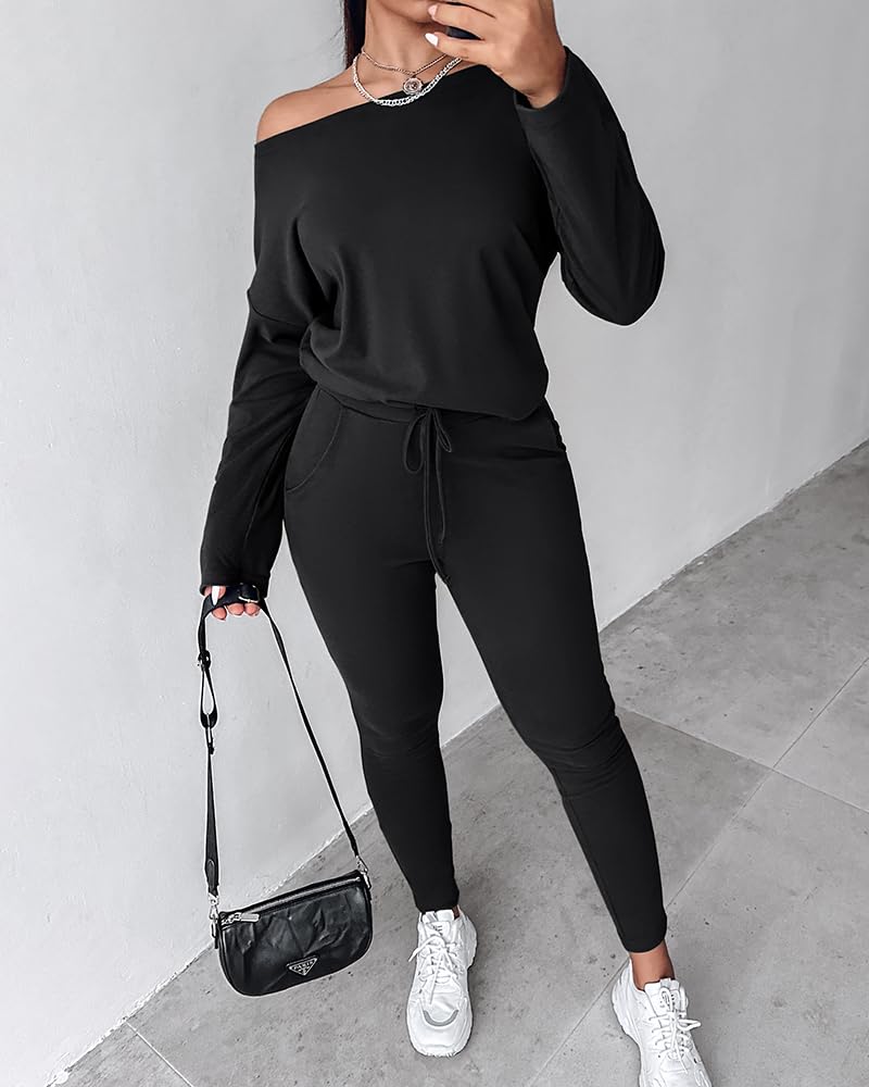CHICME Womens Tracksuit Fall 2 piece Outfits Pants Set-Black-Large