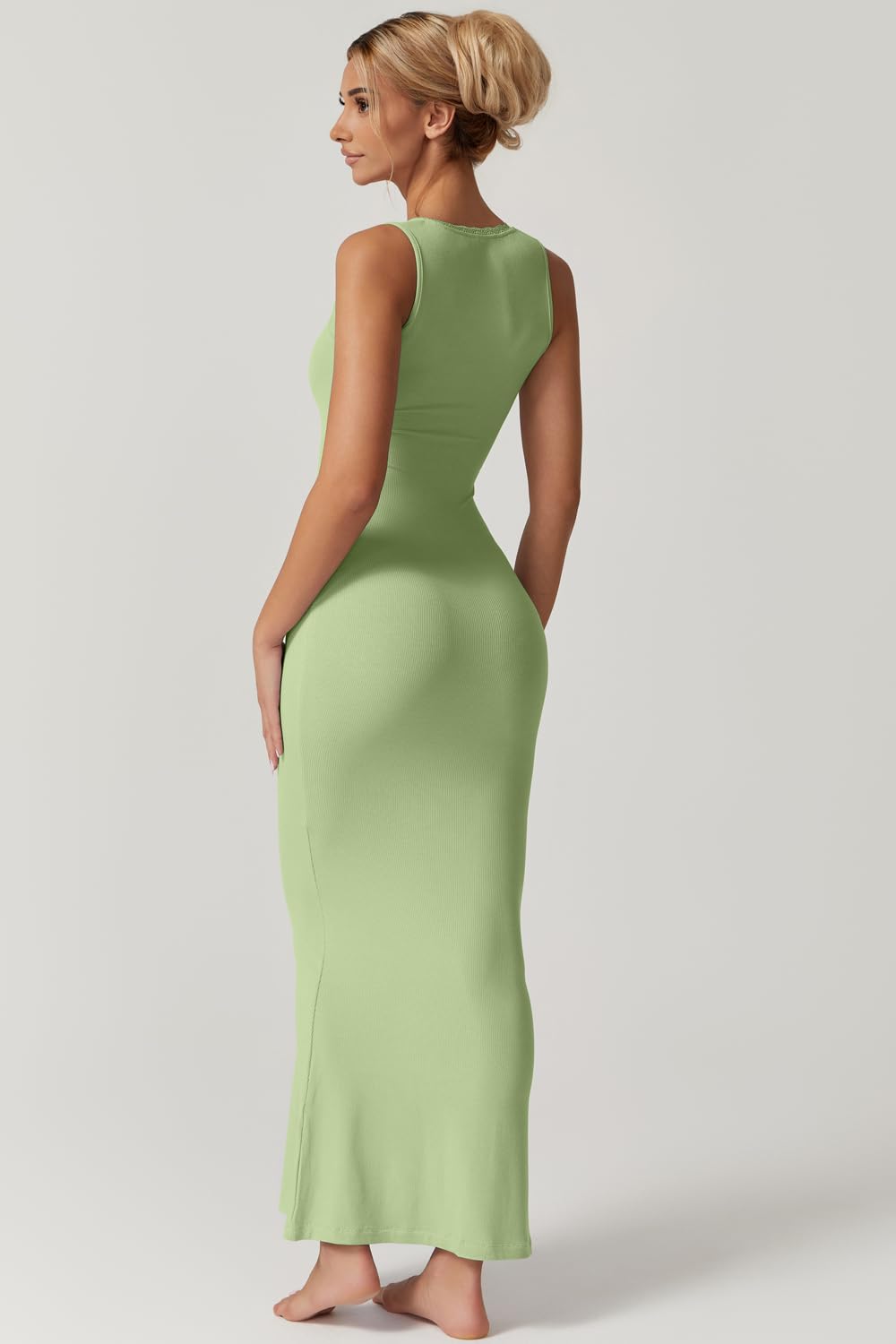 QINSEN Women's Square Neck with Lace Detail Long Maxi Dress Sleeveless Lounge Ribbed Full Length Dresses Green S