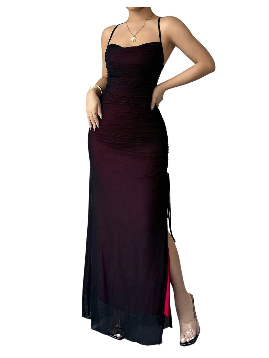 GORGLITTER Women's Mesh Maxi Dress Backless Wedding Guest Dress Ruched Drawstring Bodycon Cami Party Cocktail Dresses Purple Small