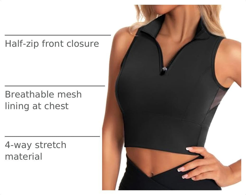AAARYA Zip Front Cropped Workout Tank Tops with Built in Sports Bra Black M