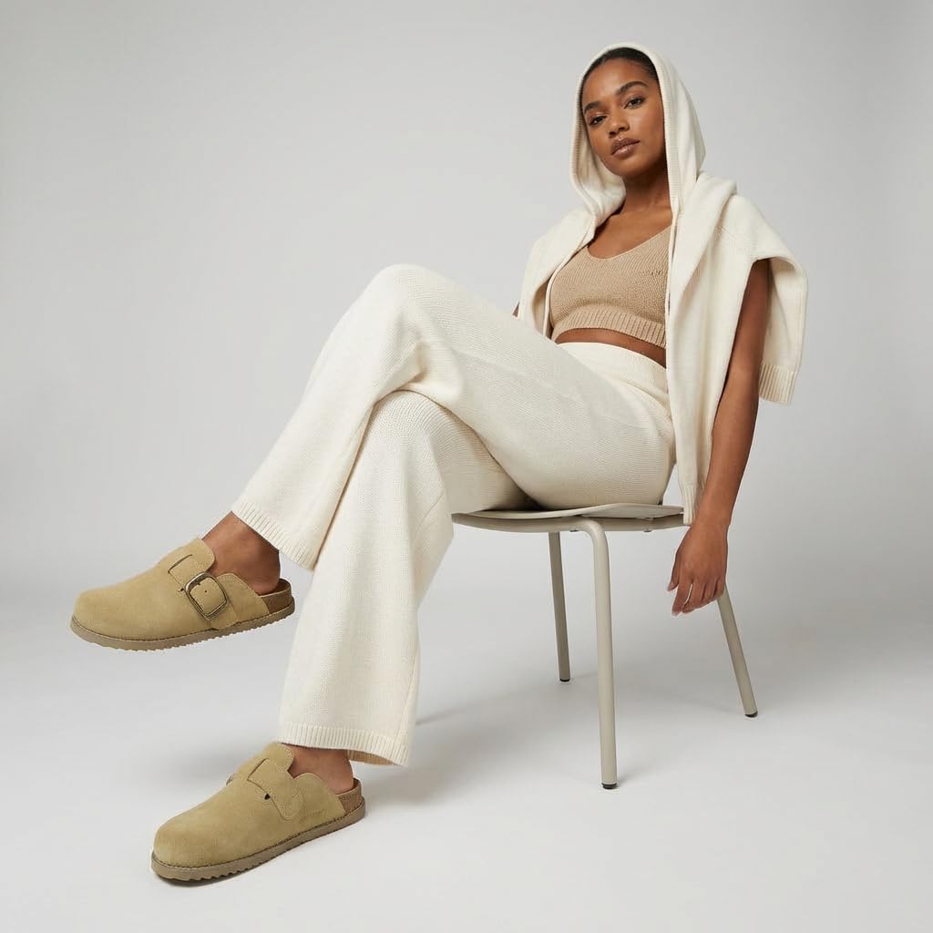 CUSHIONAIRE Blain Genuine Suede Clogs for Women | Slip-On Mules with Memory Foam & Oversized Buckle | Non-Slip Comfort Clogs & Mules Shoes for Women, Sand 10W