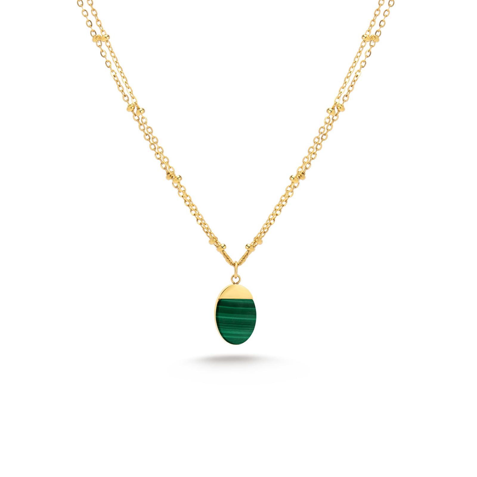 Milan Chiva 14K Gold Plated Green Malachite Layered Stacked Necklace for Women, Dainty Trendy Non Tarnish Oval Pendant Charm Necklaces Fashion Jewelry for Women Waterproof MNS-1009GN