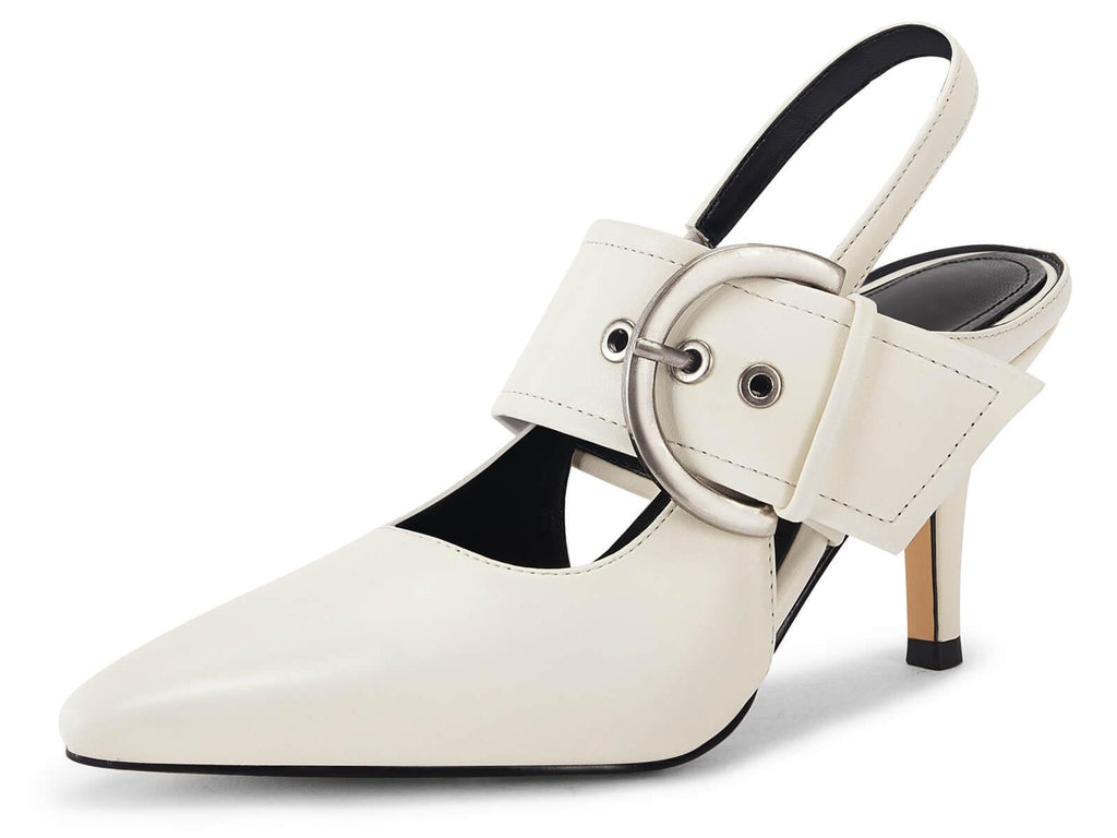 Coutgo Womens Slingback Pumps Closed Pointed Toe High Heels Belt Buckle Strap Dressy Work Shoes, Beige, Size 8.5