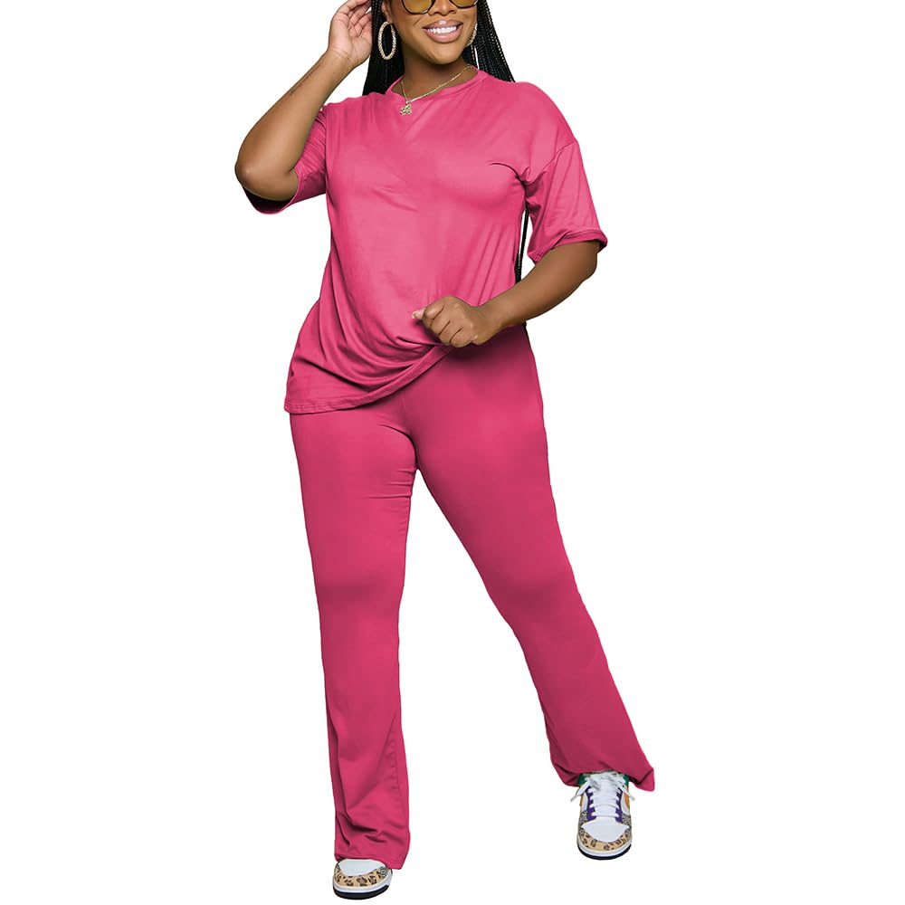 PINSV Womens Sets 2 Piece Outfits Casual Short Sleeve Top and Flare Pants Lounge Sets Tracksuit Rose Red M