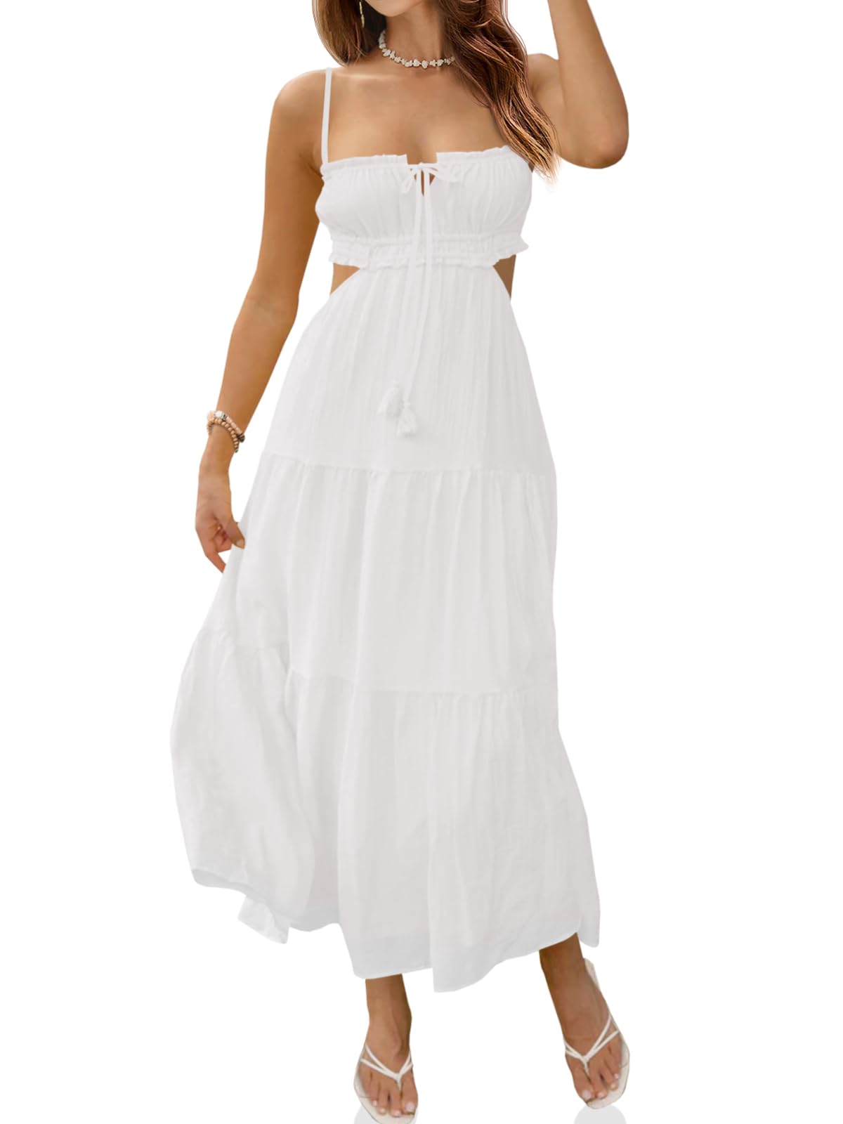 Fisoew Women's Spaghetti Strap Maxi Dress Summer Sleeveless Side Cut Out Dress Casual Boho Backless Flowy Long Dresses White