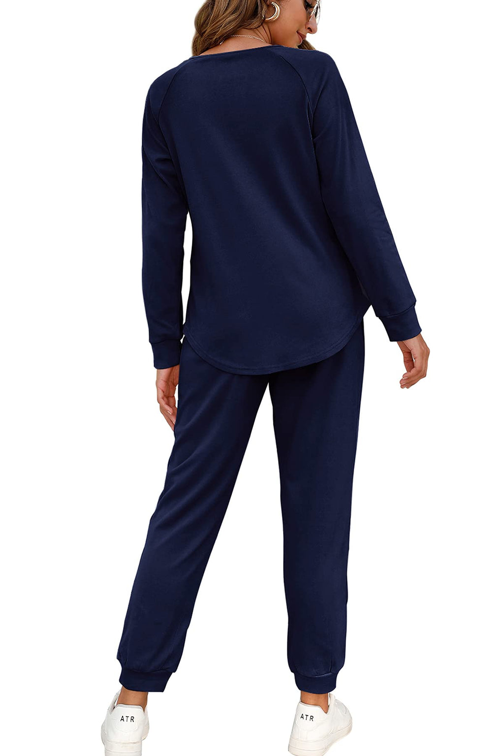 WIHOLL 2 Piece Outfits for Women Fall, Lounge Sets for Women Joggers Sweatpants Navy Blue L