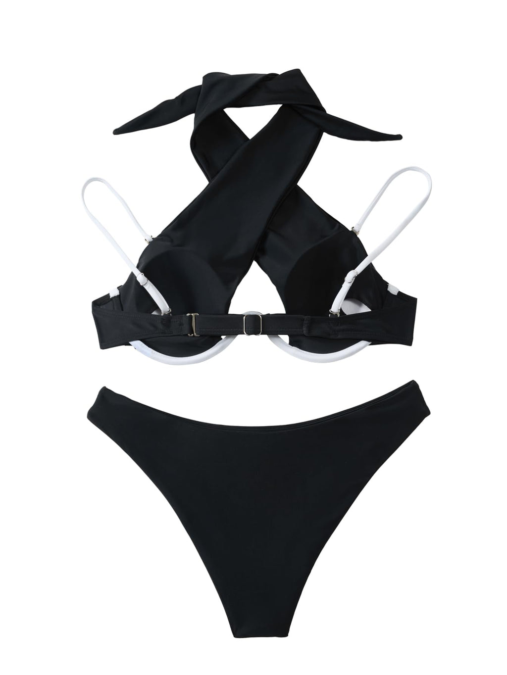 Lilosy Sexy Cute Underwire Push Up Cutout Halter Criss Cross High Cut Leg Thong Brazilian Bikini Swimsuit Set Women Cheeky Bottom Bathing Suit 2 Two Piece Black White 2# Medium