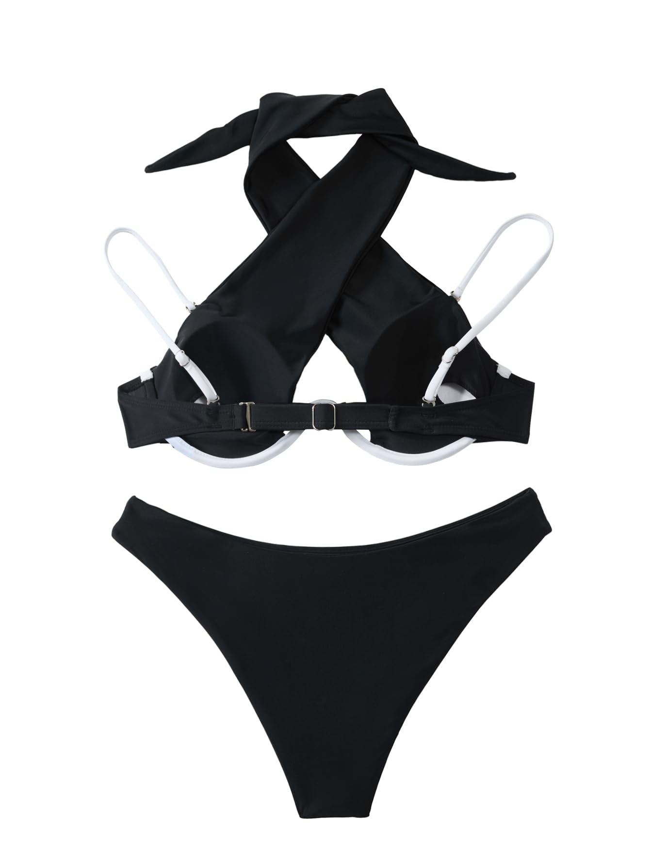 Lilosy Sexy Cute Underwire Push Up Cutout Halter Criss Cross High Cut Leg Thong Brazilian Bikini Swimsuit Set Women Cheeky Bottom Bathing Suit 2 Two Piece Black White 2# Medium
